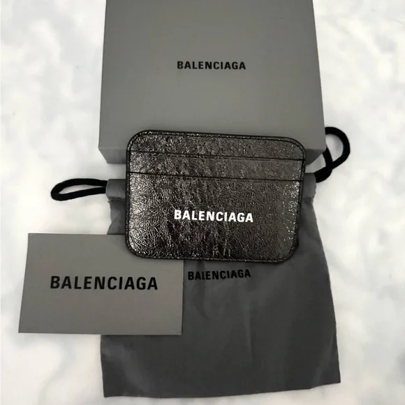 BALENCIAGA LOGO Metallic Silver Leather Credit Card Cash Cardholder Wallet NEW - Picture 13 of 14